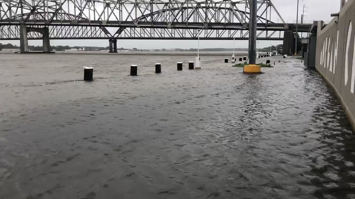 River flooding in The Atchafalaya River in Morgan City, LA as Tropical Storm Barry looms offshore