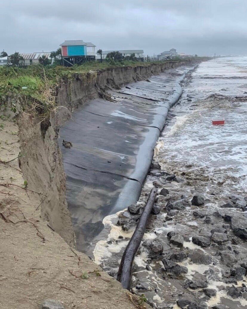 Coastal erosion along Grand Isle. Sand burritos potatoes exposed Pontcha Surf Club