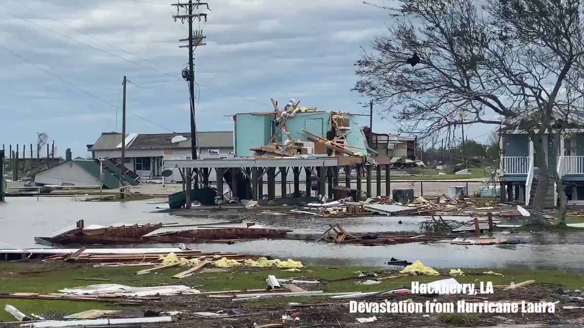 Devastation in Hackberry, LA mainly wind damage but also evidence of strong storm surge. Weaker structures obliterated. 