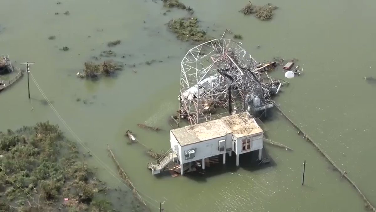 An aereal view of Cameron, Louisiana shows widespread damage from 