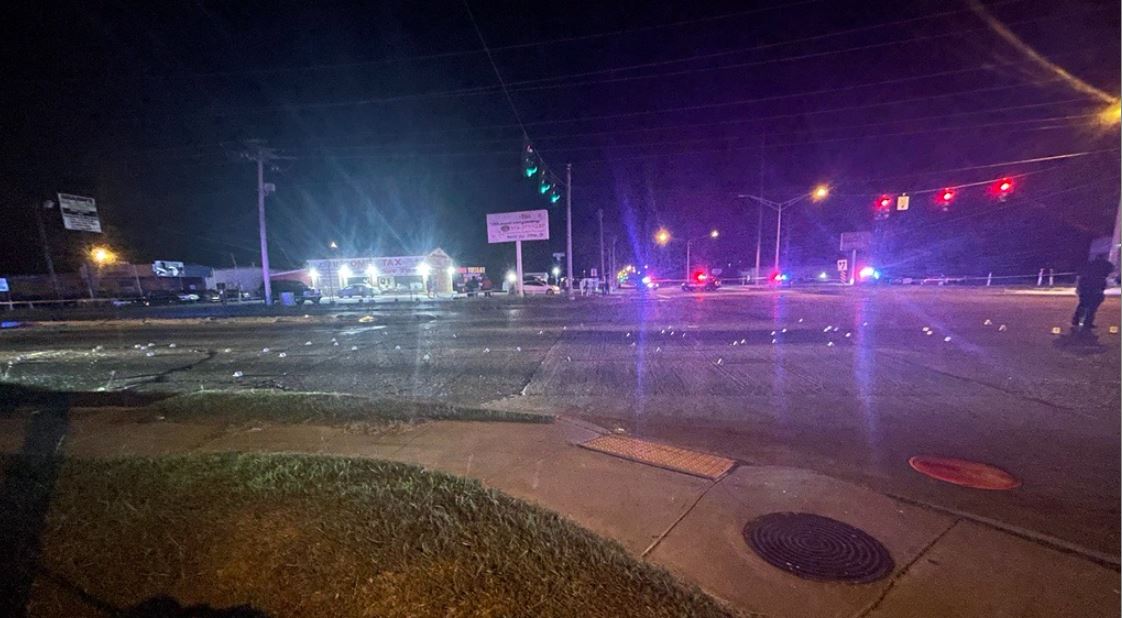 Dozens of evidence markers can be seen in the street as Shreveport police investigate a report of a shooting at Jewella at West 70th. At least 21 police units have responded