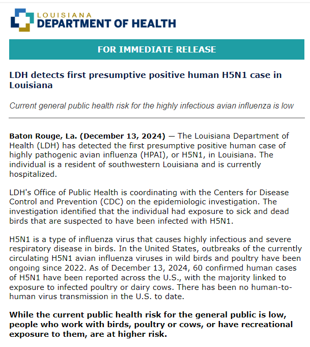 Louisiana reports its first human case of H5N1 bird flu, linked to sick birds.  This is also the first U.S. case to be hospitalized. No details yet about their condition