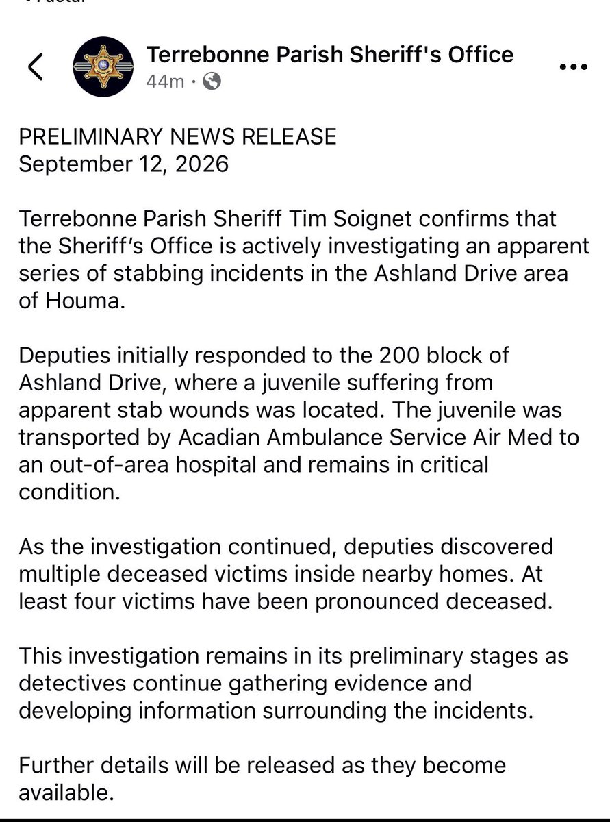 4 people were found stabbed to death across multiple nearby homes in Terrebonne Parish, Louisiana. A child was found alive among the victims and was transported to a hospital in critical condition.